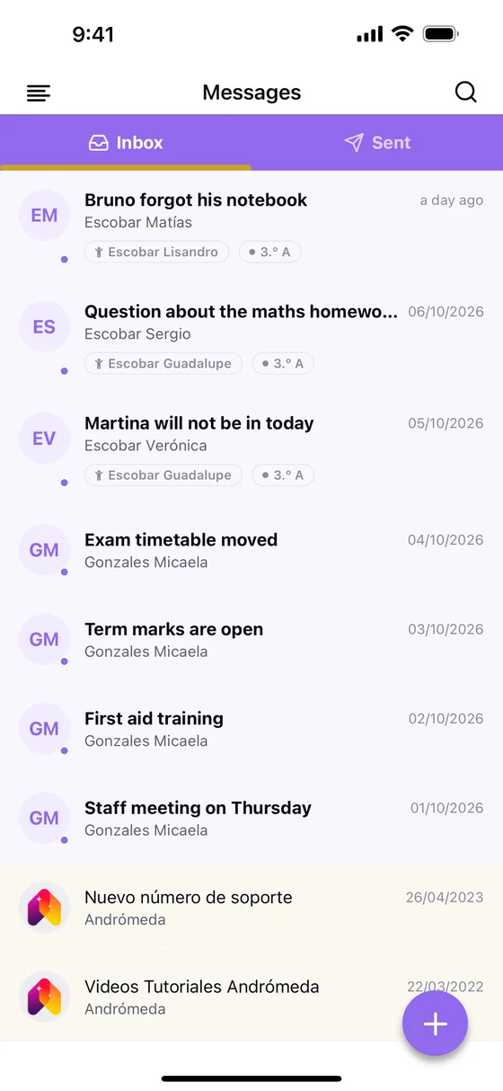 The app inbox, with the messages received
