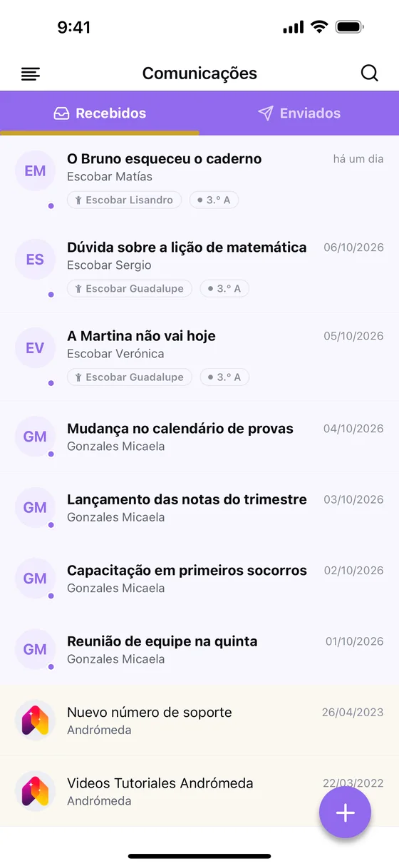 A caixa de comunicações do app, com as mensagens recebidas