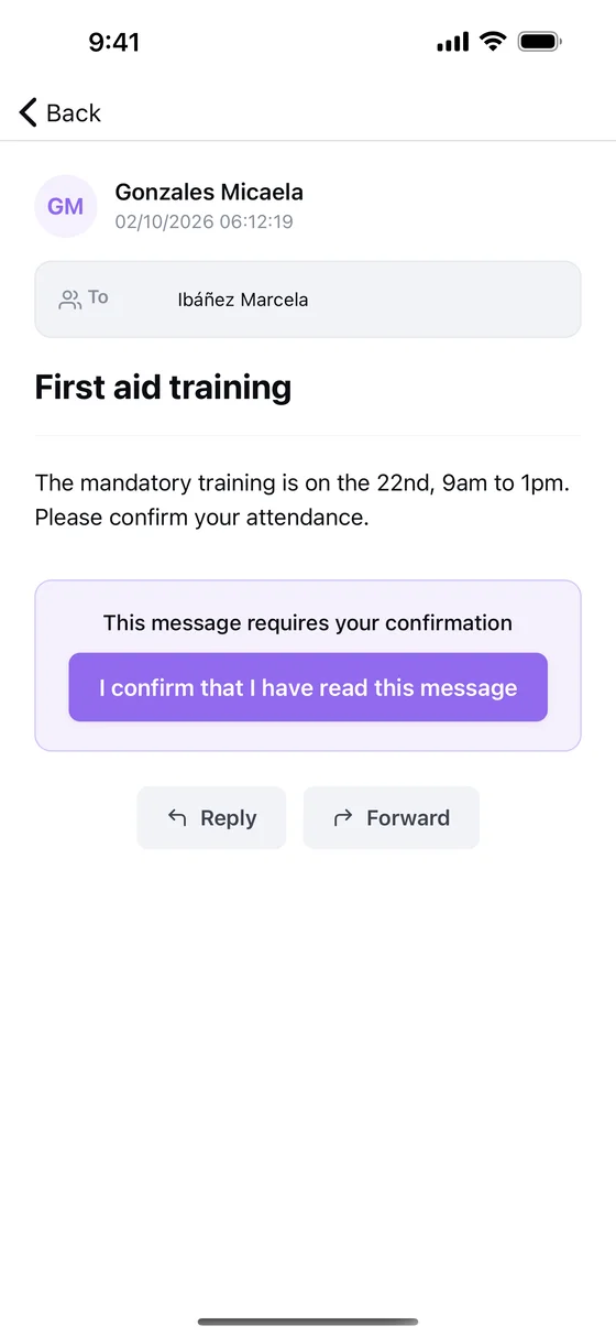 A message in the app asking the reader to confirm they have read it