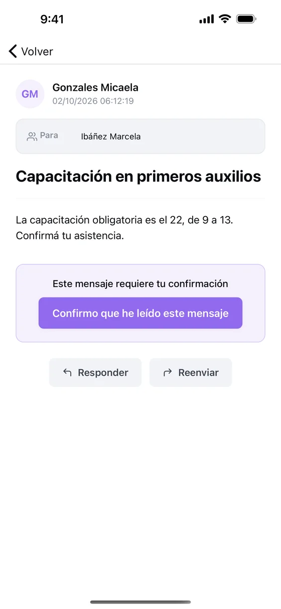 Un mensaje en la app que pide confirmar la lectura