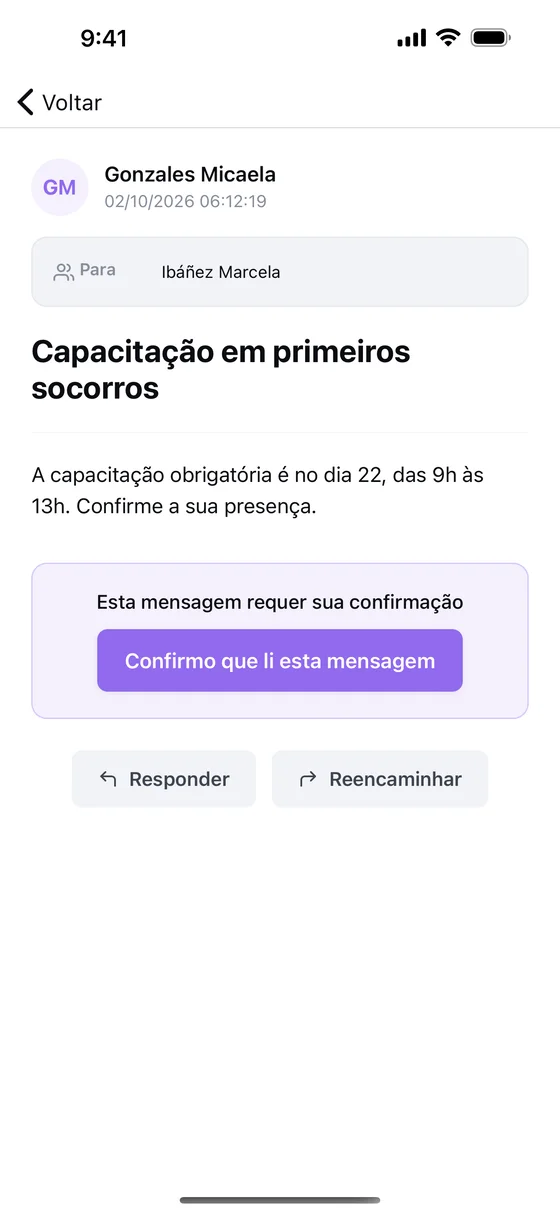 Uma mensagem no app que pede confirmação de leitura
