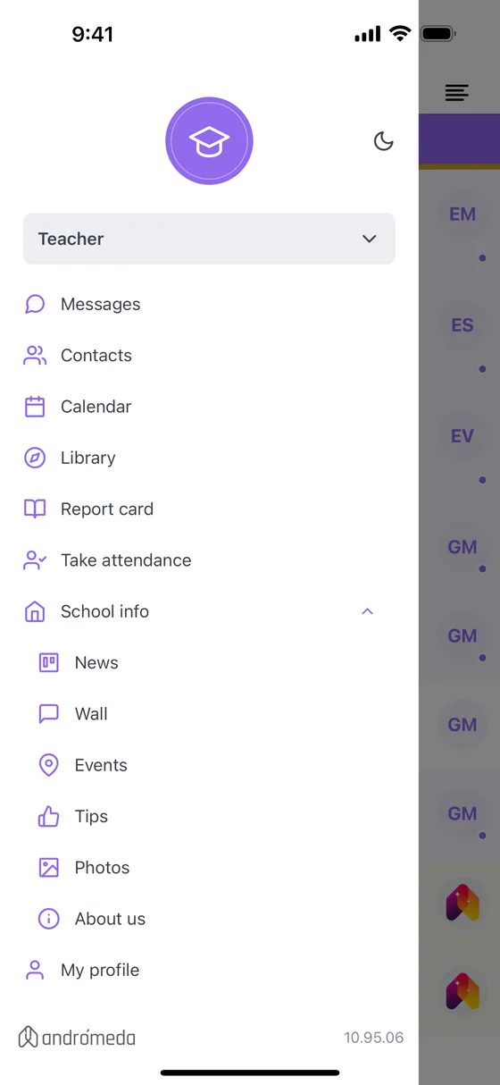 The app menu: messages, contacts, calendar, report cards and attendance
