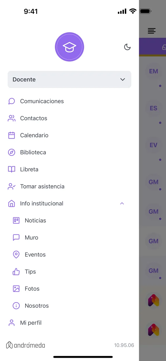 El menú de la app: comunicaciones, contactos, calendario, libreta y asistencia